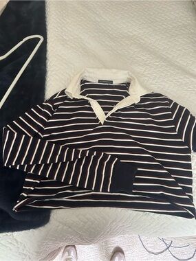 Brandy Melville Navy, White & Burgundy Striped Rugby Polo